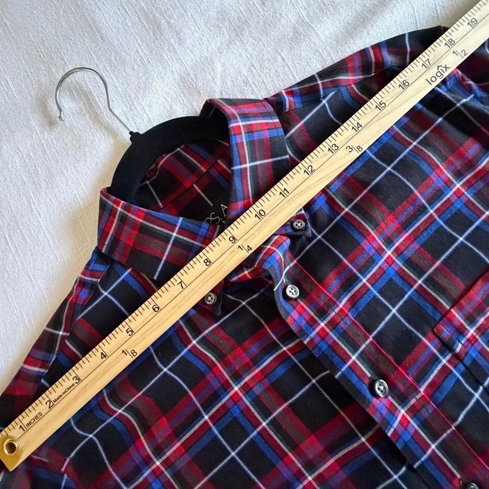 Jos. A. Bank Shirt Mens M Red Blue Plaid Tailored Long Sleeve Button Down Casual